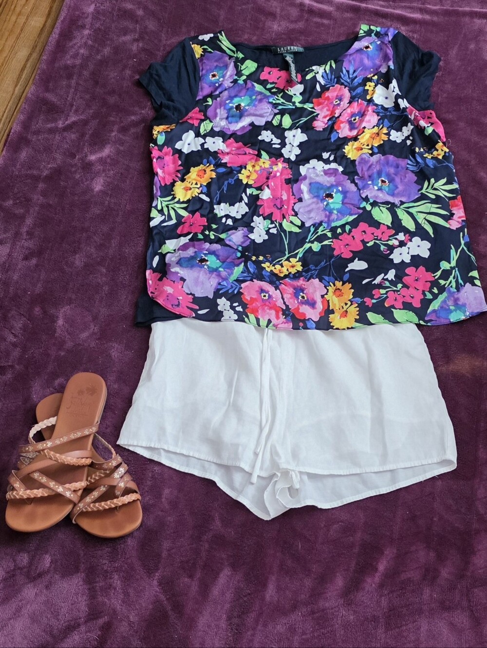 Ralph Lauren Blue Short-Sleeve Blouse with Multicolor Floral Print